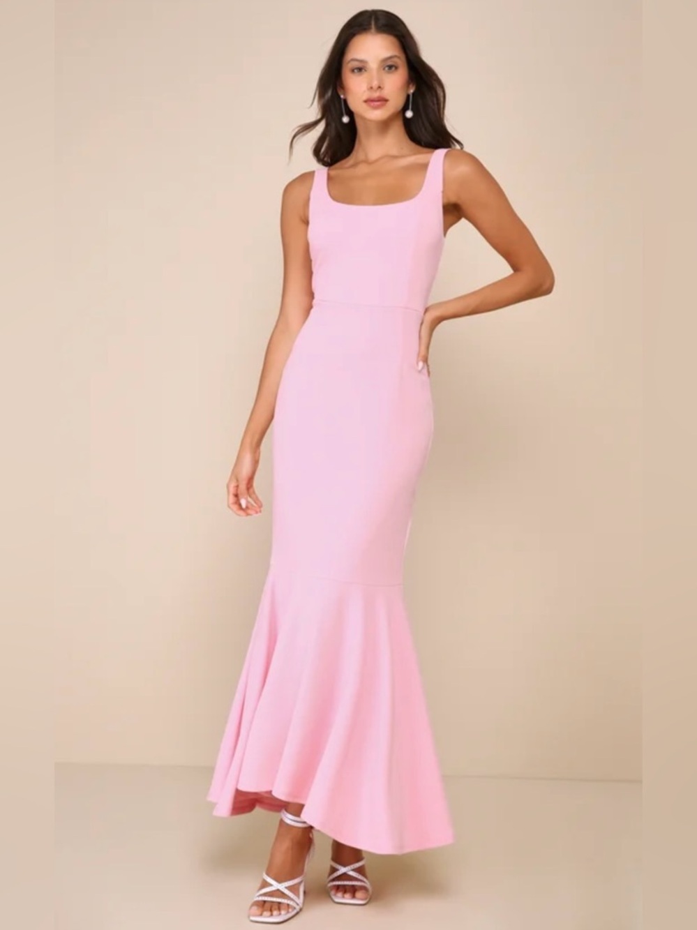 Lulus Romantic Destiny Light Pink Square Neck Trumpet Maxi Dress XS NWT
